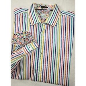 Bugatchi Rainbow Stripes Size Medium Long Sleeve Men's Button Up Flip Cuff Shirt